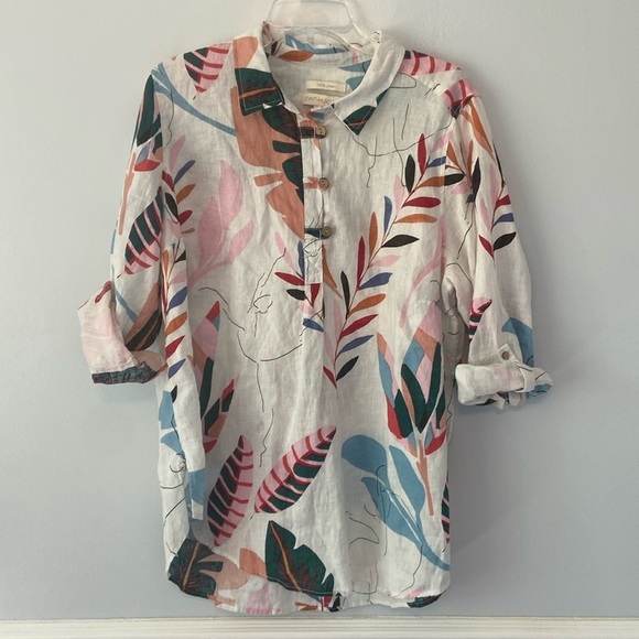 Cynthia Rowley Plus Linen Tropical Floral Print Button Front Tunic Top Size 1X - Picture 4 of 12